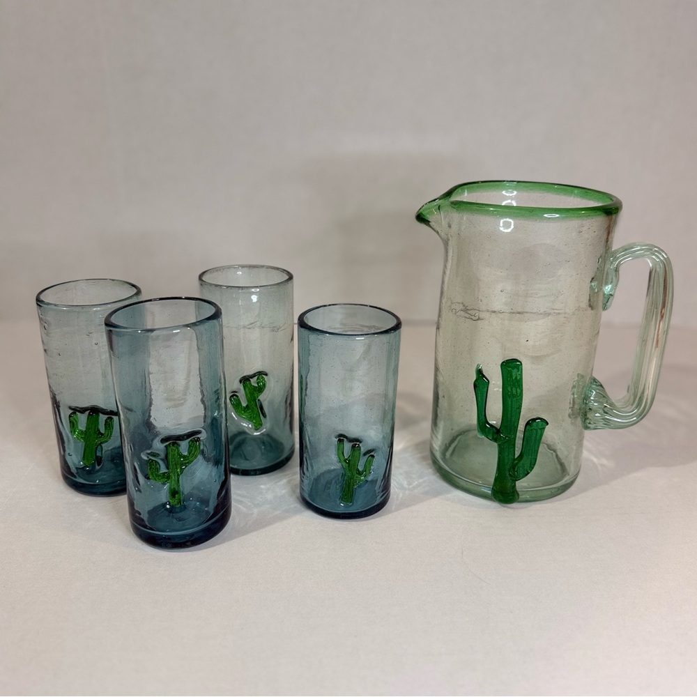 Vintage Hand‑Blown Mexican Cactus Bubble Glass Pitcher & 4 Tumblers